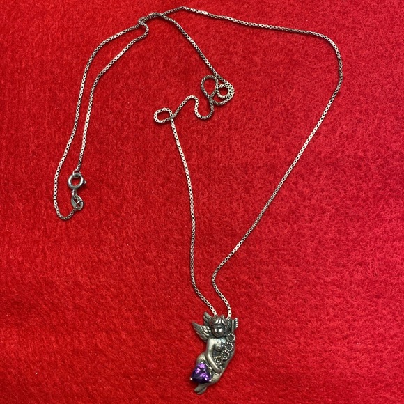 VINTAGE CHERUB GUARDIAN ANGEL W/ AMETHYST CRYSTAL 925 STERLING PENDANT NECKLACE - Picture 2 of 16